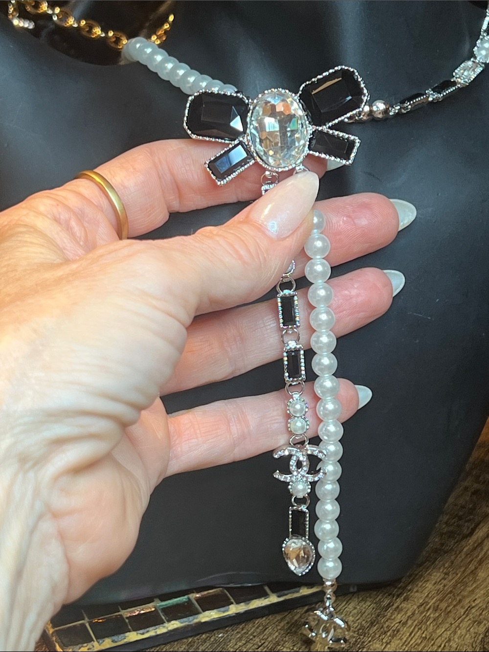 Elegant Pearl & Black Bow Pendant Necklace
